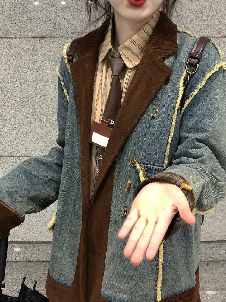 

Women's 2025 New Autumn Winter Oversized Corduroy Patched Denim Blazer Premium Vintage Style Cotton Padded Jacket Stylish