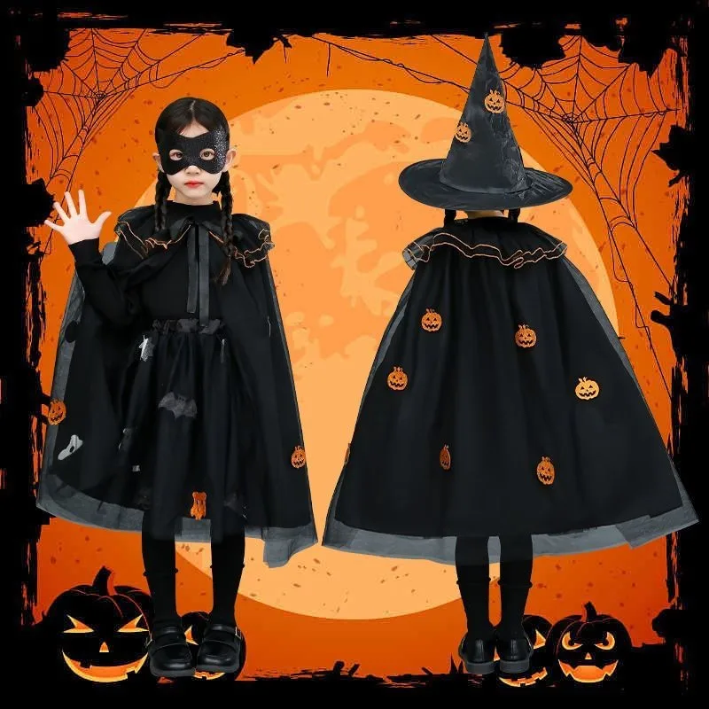 Halloween Children Costume Pumpkin Costume Cloak Cartoon Style Children Cosplay Clothes Set 4PCS Cloak Skirt Hat Eye Mask ZI318