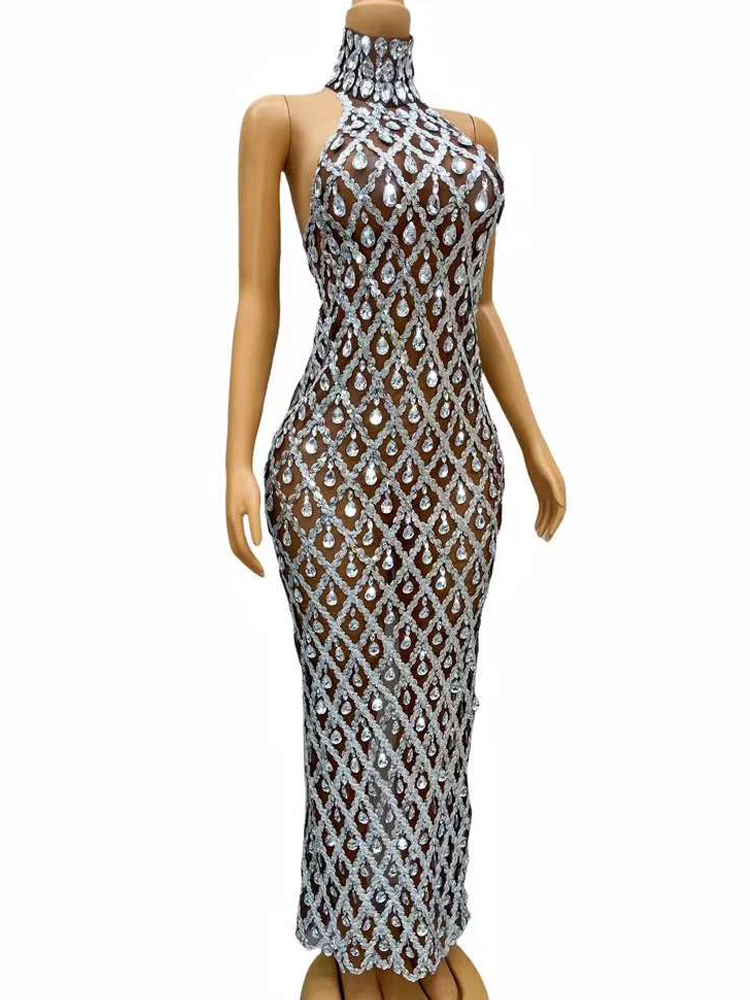 Luxury Sliver Crystals Evening Women Dress Shining Sequins Party Club Wear See Through Mesh Drag Queen Show Sing Dance Stage