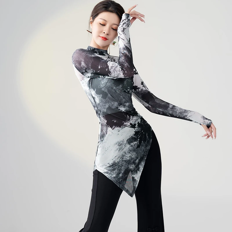 

Classical Dance Clothes Long Sleeve Gauze Tops Chinese Modern Dance Training Clothing Latin Dance Practice Costumes DQL7691