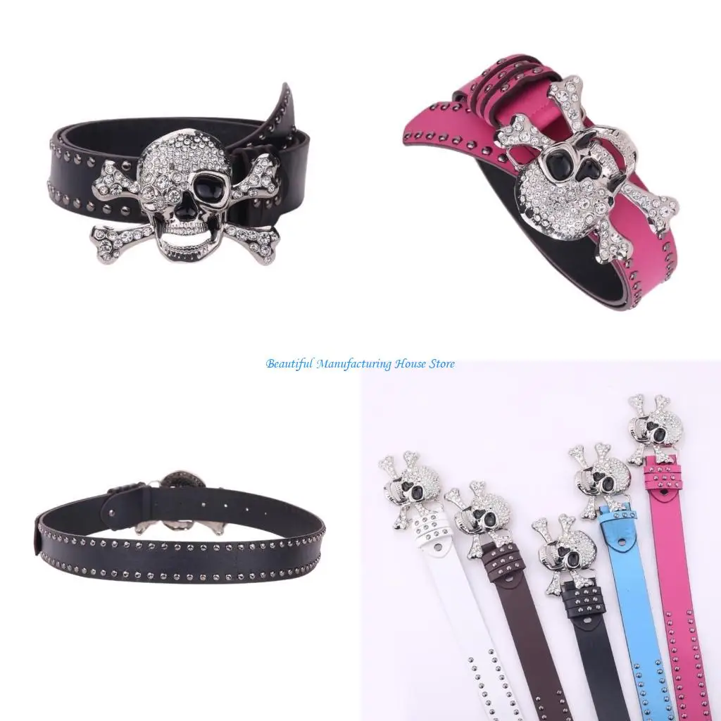 

E56A Износостойкий ремень для взрослых со стразами, пряжкой в ​​виде черепа, женский декоративный ремень из искусственной кожи