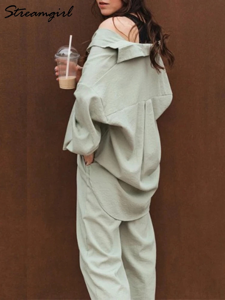 Elegant Suit Blouse And Wide Pants For Women Sets Two Pieces Oversize Shirts Loose Trousers Two Piece Set Women Top And Pants