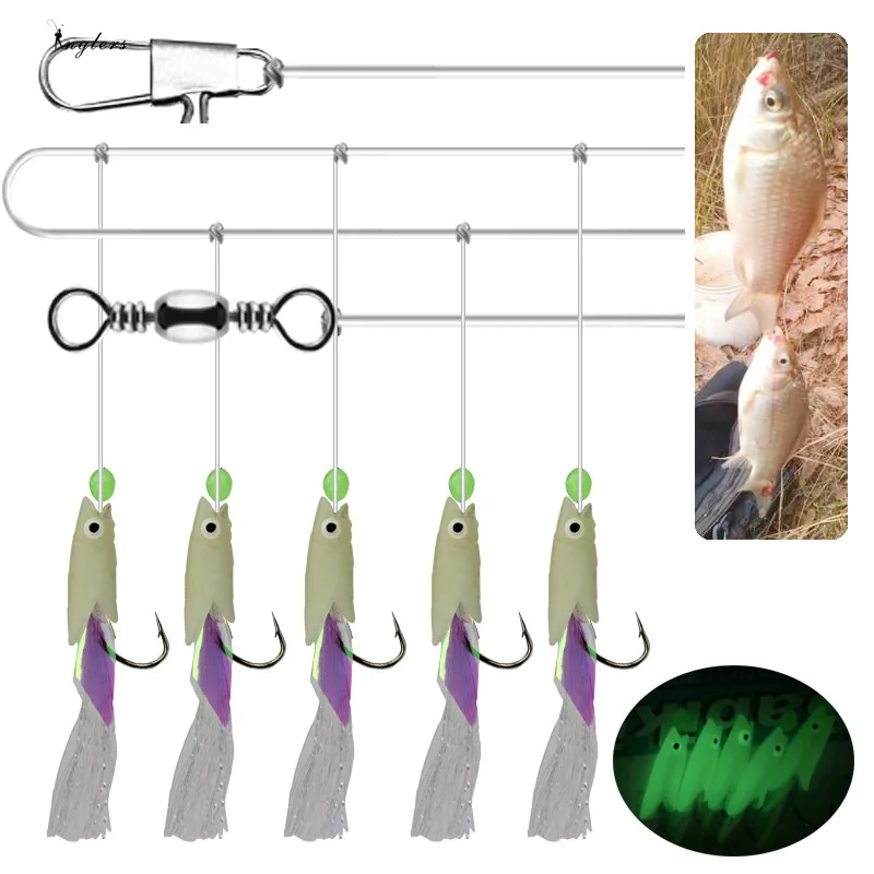 5pcs Artificial Bait Laser Fish Skin Spanish Mackerel Hook Luminous Fishing Sabiki Rig String Hook For Sea Fishing Lure Equipmen