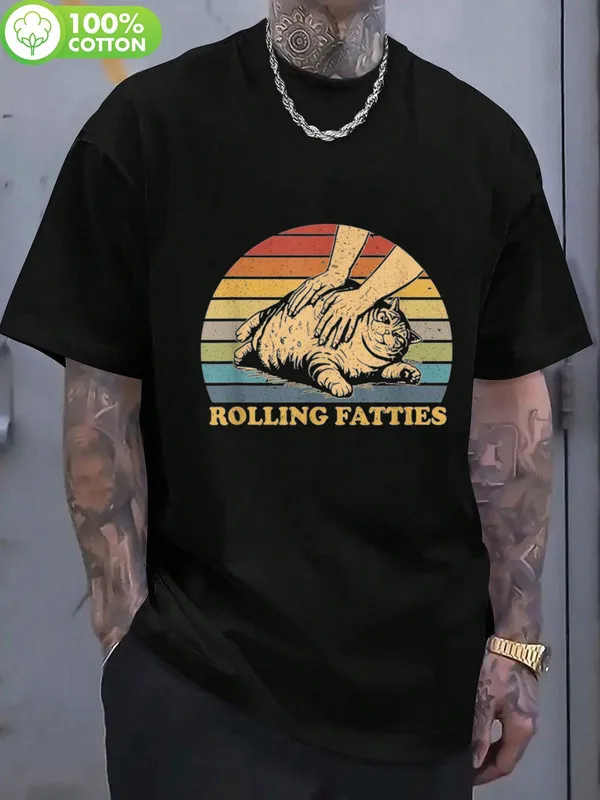 Men's 100% Cotton Vintage Rolling Fatties Cat Print T - Shirt - Black, Retro Sunset Stripes, Short Sleeve Crew Neck, Loose Fit for All - Season Comfort, Casual Streetwear Tee