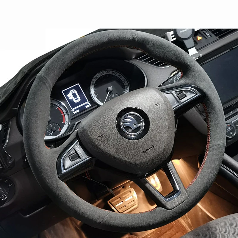 Custom Hand Stitched Suede Car Steering Wheel Cover for Skoda Octavia Fabia Rapid Spaceback Superb  3-Spoke Needle and Thread