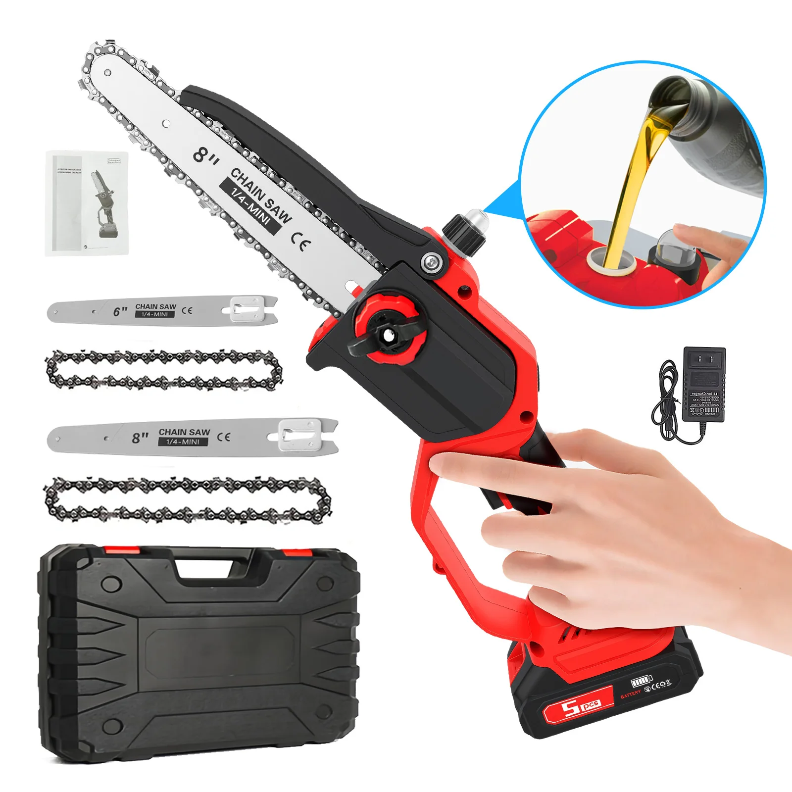2-in-1 Brushless Cordless Chainsaw 8Inch-6inch 1380W High-Speed Handheld Pruning Saw 2x1.5Ah Battery for Wood/Tree Trimming