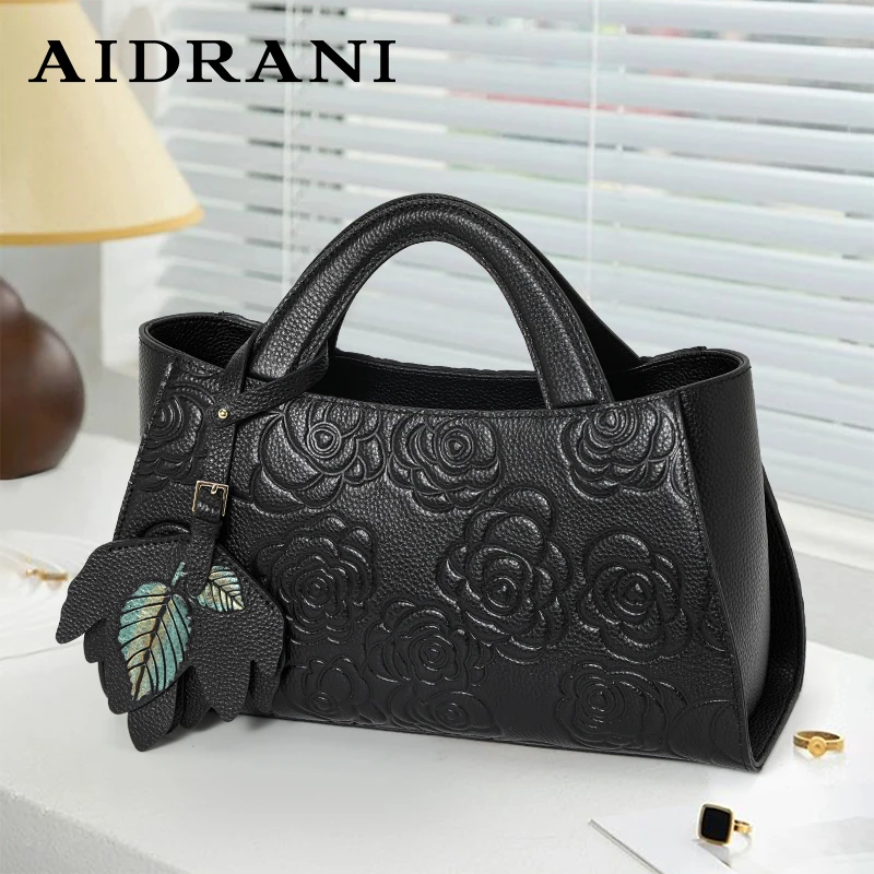 Aidrani  Genuine leather women\'s handbag large capacity flower patterned shoulder bag soft cowhide  bag black