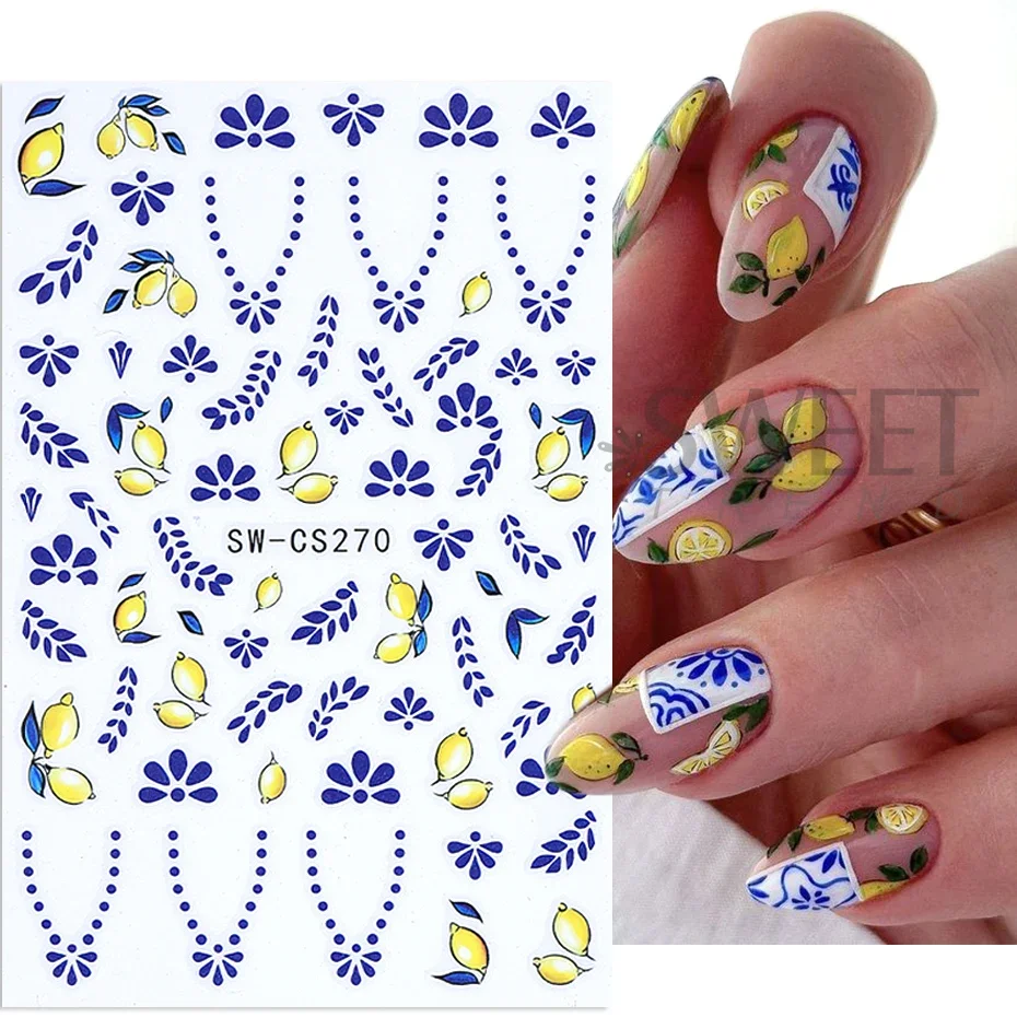 3/5pcs 3D Blue Fruit Bohemian Nail Sticker Cartoon Lemon Orange French Floral Petals Lines Leaves DIY Summer Manicure Decoration