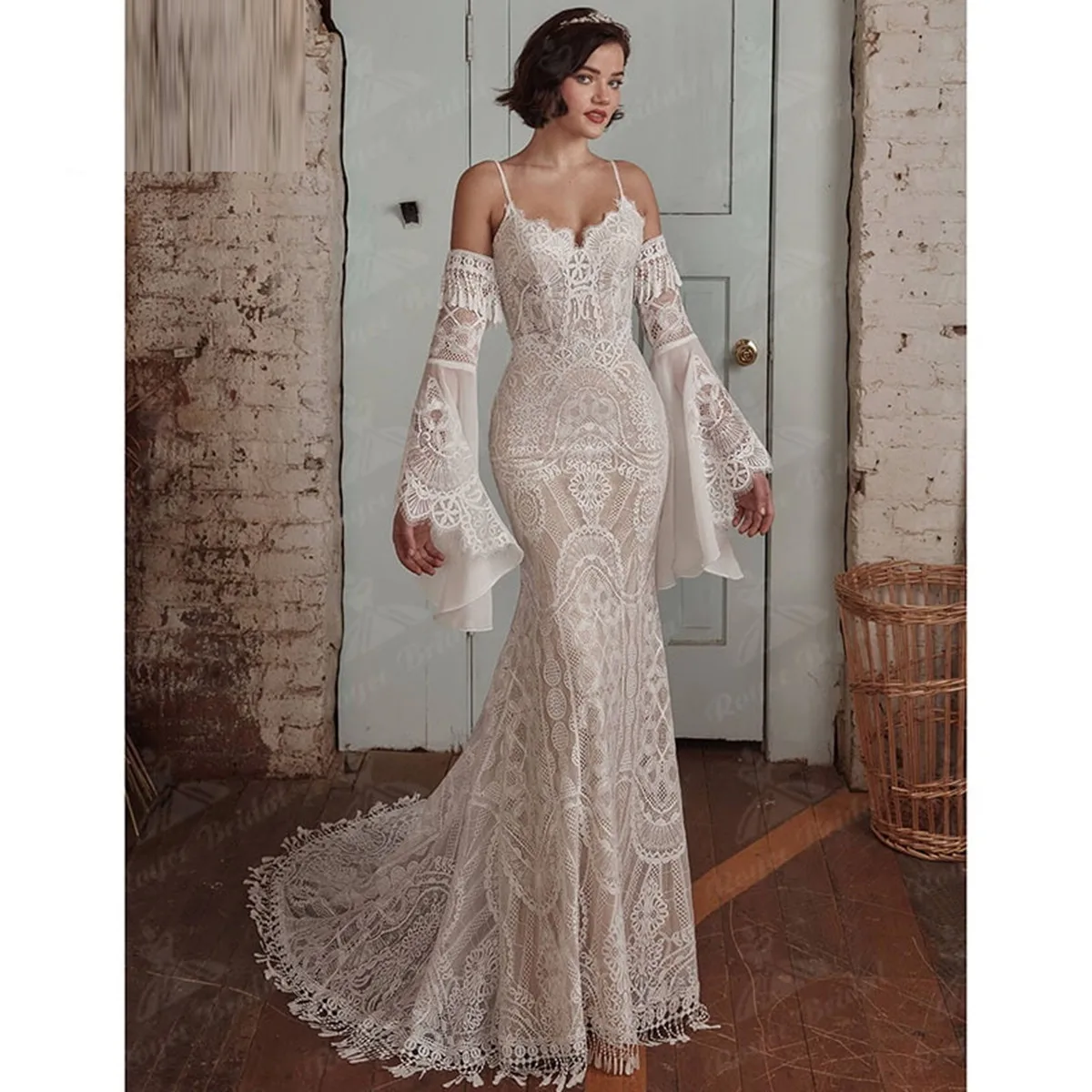 Popular New Arrival Wedding Dresses Mermaid Lace Lotus Leaf Long Sleeve Romantic De Mariee Customize Bohemian Bridal Gowns