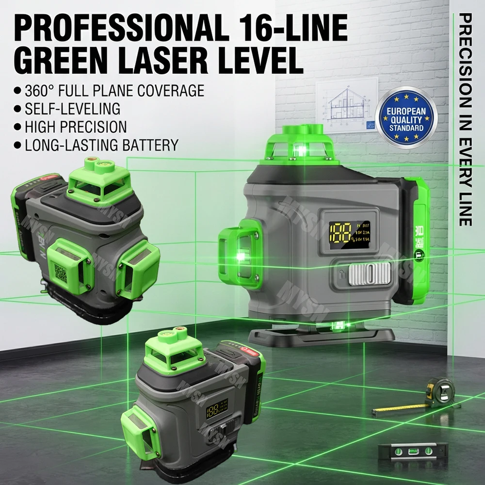 Livella Laser Orizzontale Verticale 4×360 ° Livella Laser Autolivellante per Pareti e Pavimenti, Strumento di Misurazione 4D 16 Linee Laser Verde ±1mm/5m Alta Precisione Raggio Verde Livella Laser a