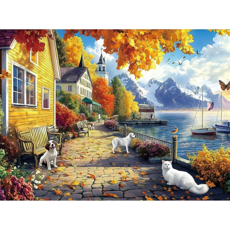 

Cats Dogs Sailboat 500/1000/1200/2000Pieces Jigsaw Puzzle for Adult Game Family Fun Coastal Town Scene Puzzles Educational Toys