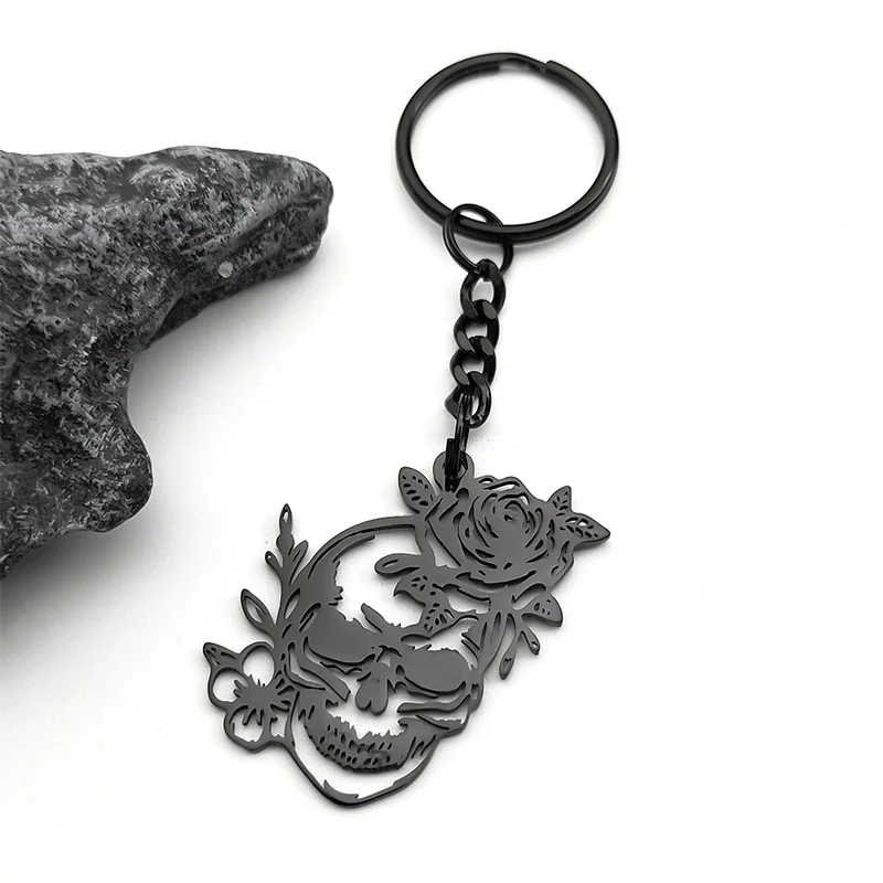 

Stainless Steel Gothic Skull Rose Flower Pendant Key Chain for Men Women Gold Color Skeleton Retro Punk Party Jewelry Gift