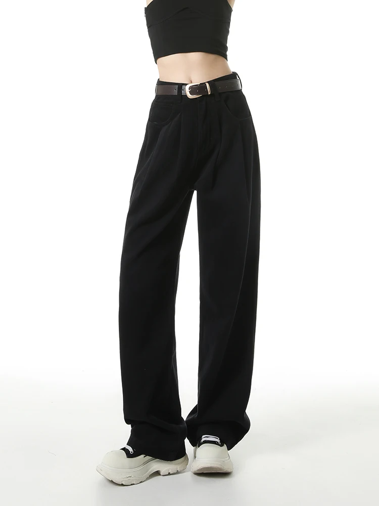 Wide Leg Jeans with Belt Women High Waist Slim Loose Casual Vintage 2023 New Straight Trousers Ladies White Black Denim Pants