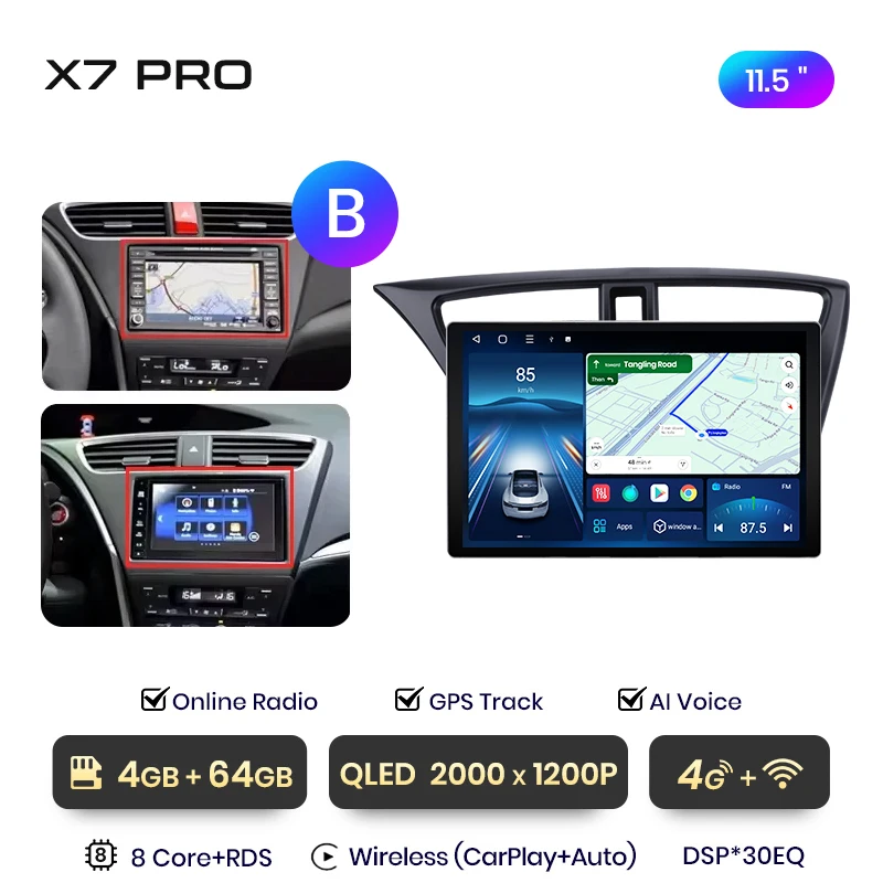Junsun 11,5 inch QLED Android draadloze CarPlay autoradio voor Honda Civic 9 FK FB 2012-2017 intelligente systemen DSP SWC RDS
