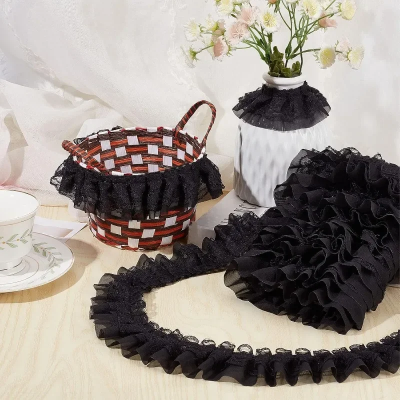 11 Yards Black Double-Layer Pleated Chiffon Lace Trim 5cm Wide 2-Layer Gathered Ruffle Trim Edging Tulle Trimmings Fabric Ribbon