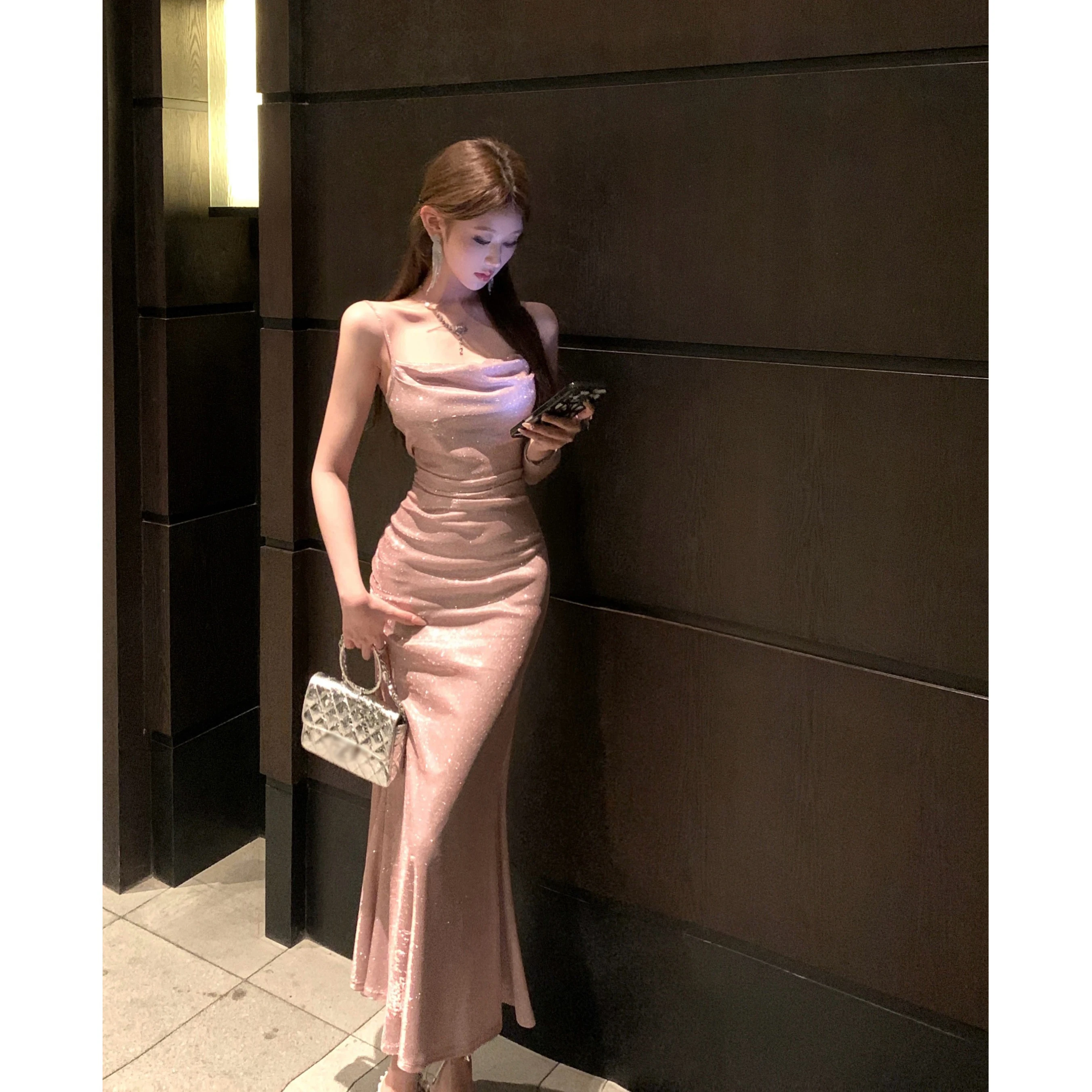 Vestido Largo Sexy sin Tirantes, Material de Seda, Ajustado a la Cintura, Estilo Femenino, Estampado de Lunares, Sin Mangas, ...