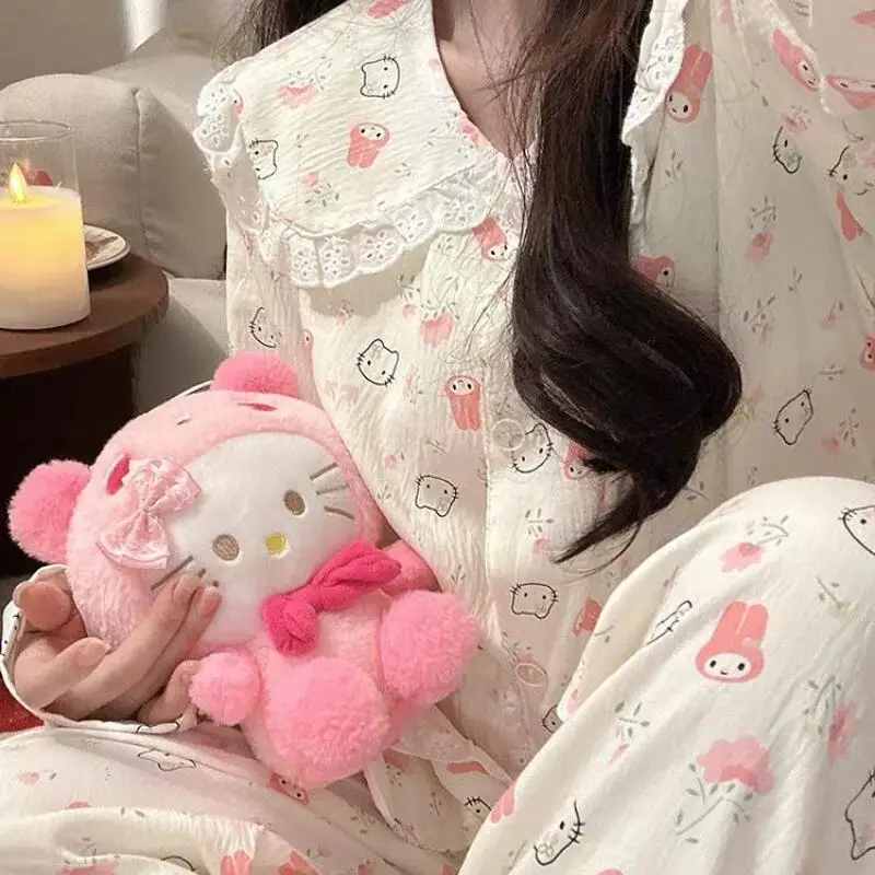 

Sanrio Cute Pajamas Hello Kittys Cartoon Long Sleeves Trousers Loose Fashion Casual Comfortable Simple Print Gift for Girlfriend