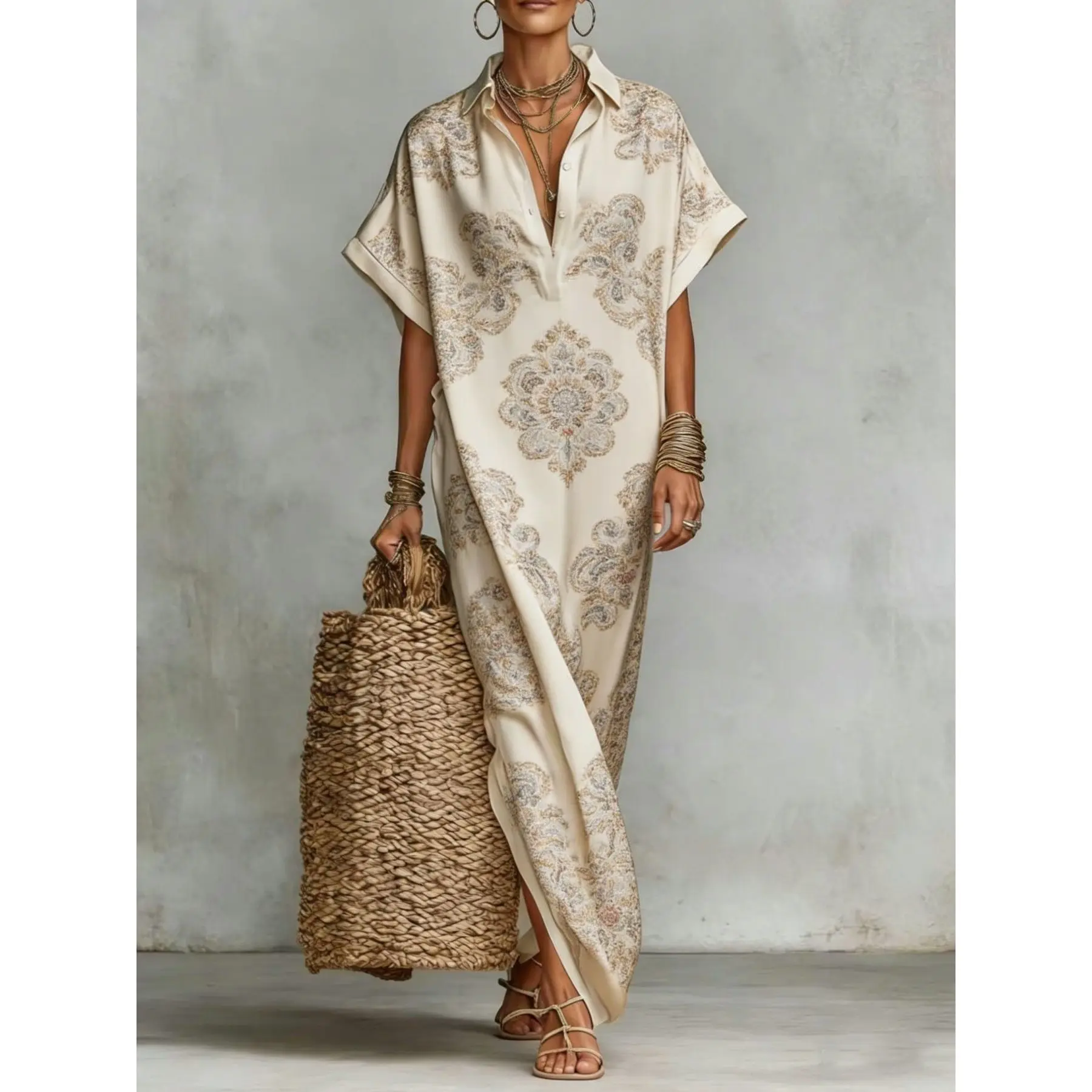 

2026 European and American new printed V-neck loose robe elegant women's kaftan dress