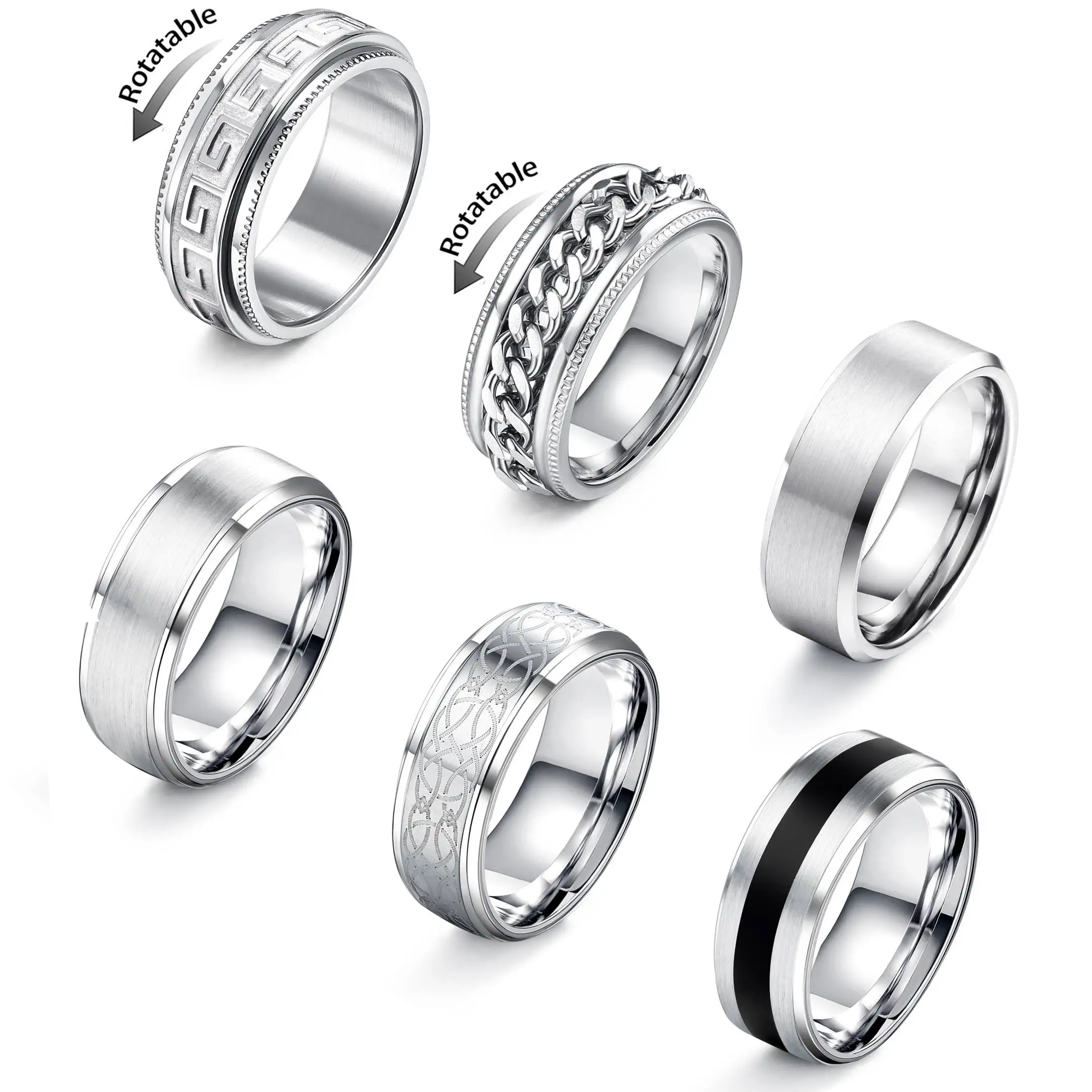 Bobisty 6 pièces hommes anneaux en acier inoxydable 316L pour hommes femmes Vintage pouce bague de fiançailles alliance Fidget anneau ensemble bijou cadeau