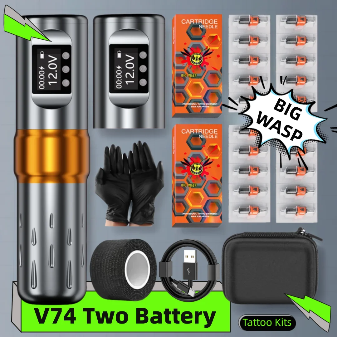 

BIGWASP 1800 мАч наборы машин для татуировки с двумя батареями, беспроводные роторные ручки для татуировки, наборы с 20 шт., силиконовые картриджи BIGWASP игла