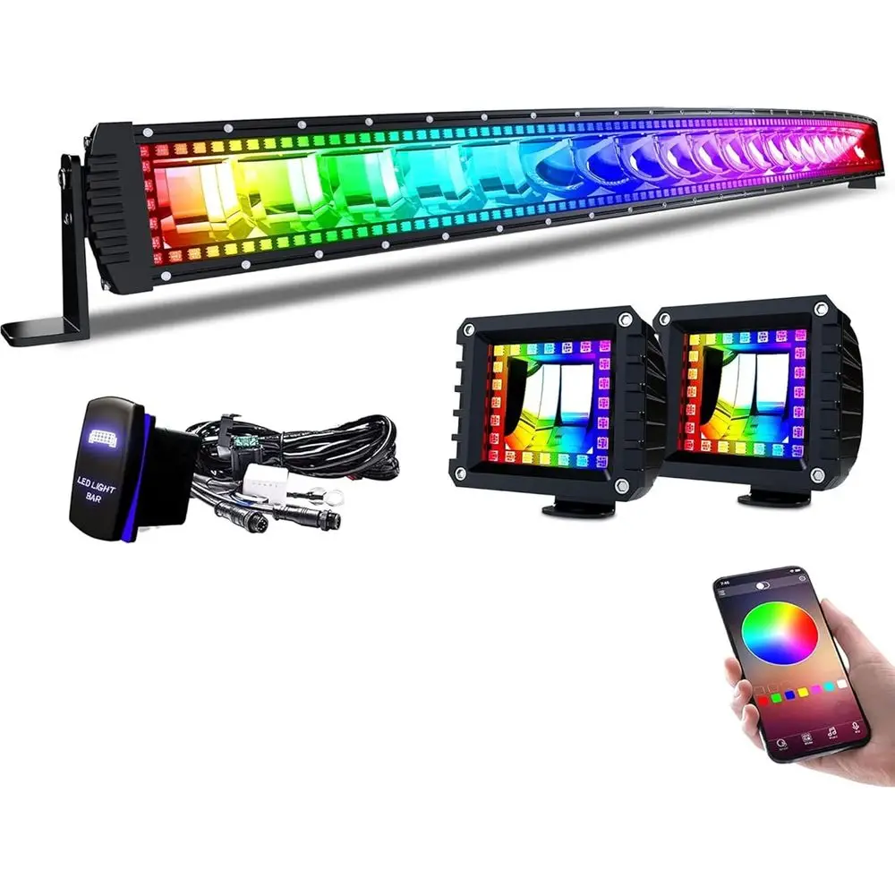 

52-Inch 300W Curved RGBW LED Light Bar with RGB Chasing Ring, 16 Colors, Over 92 Strobes, IP67 Waterproof, Adjustable Bracket