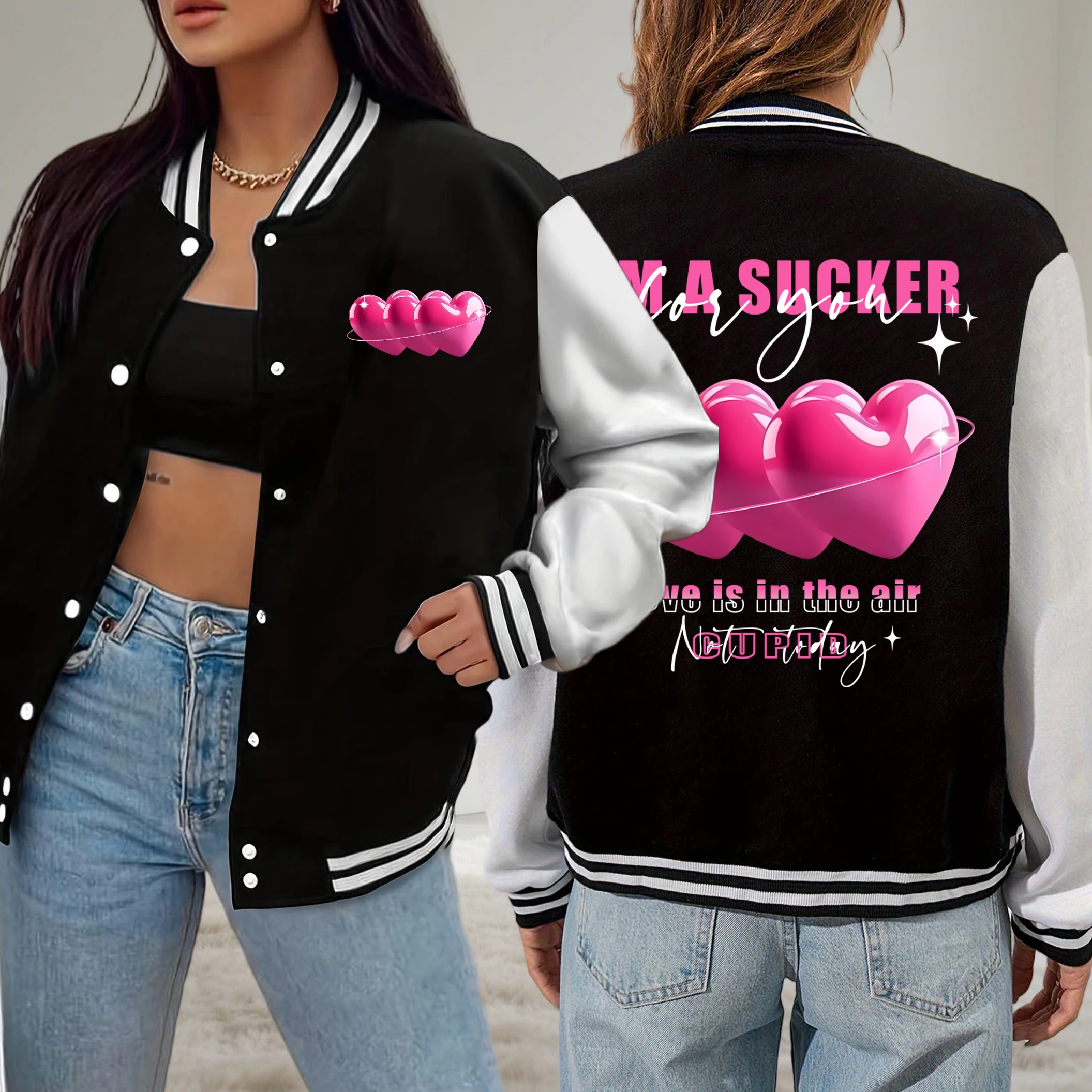 

Love Is In The Air Pink Heart Printed Baseball Uniform Women Loose Sport Jacket Fashion Fleece Streetwear Autumn Clothes