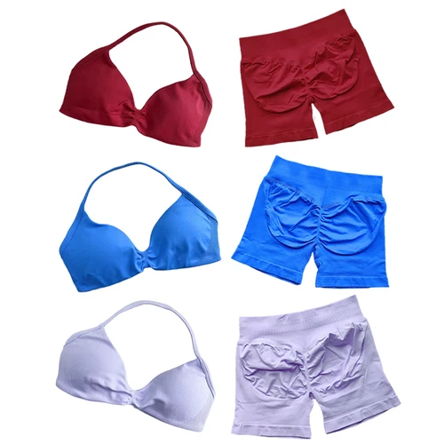 Imagen 1 del producto Traje deportivo de Yoga para mujer, sujetador de Yoga con cuello sin costuras, Top, pantalones cortos de entrenamiento de cintura alta, traje deportivo, 2 uds.