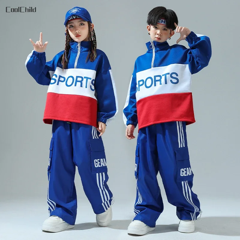 Boys Hip Hop Pullover Street Dance Cargo Pants Girls High Collar Sweatshirt Outfits Kids Jazz Sport Clothes Set Child Streetwear