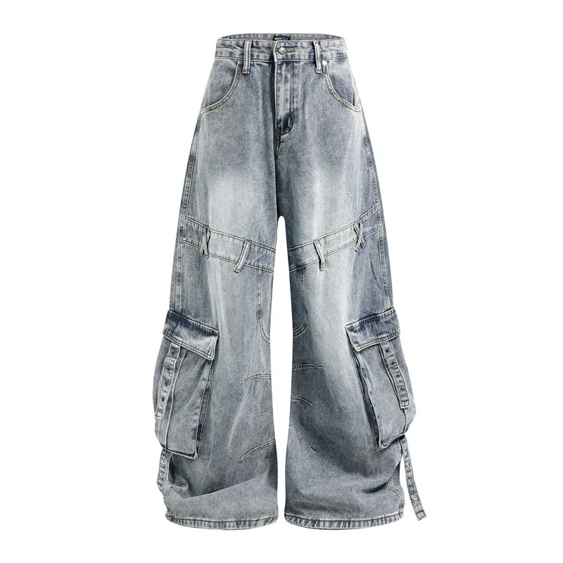 

Мужские модные джинсы свободного кроя в стиле хип-хоп, широкие брюки-карго из денима с карманами, уличный стиль