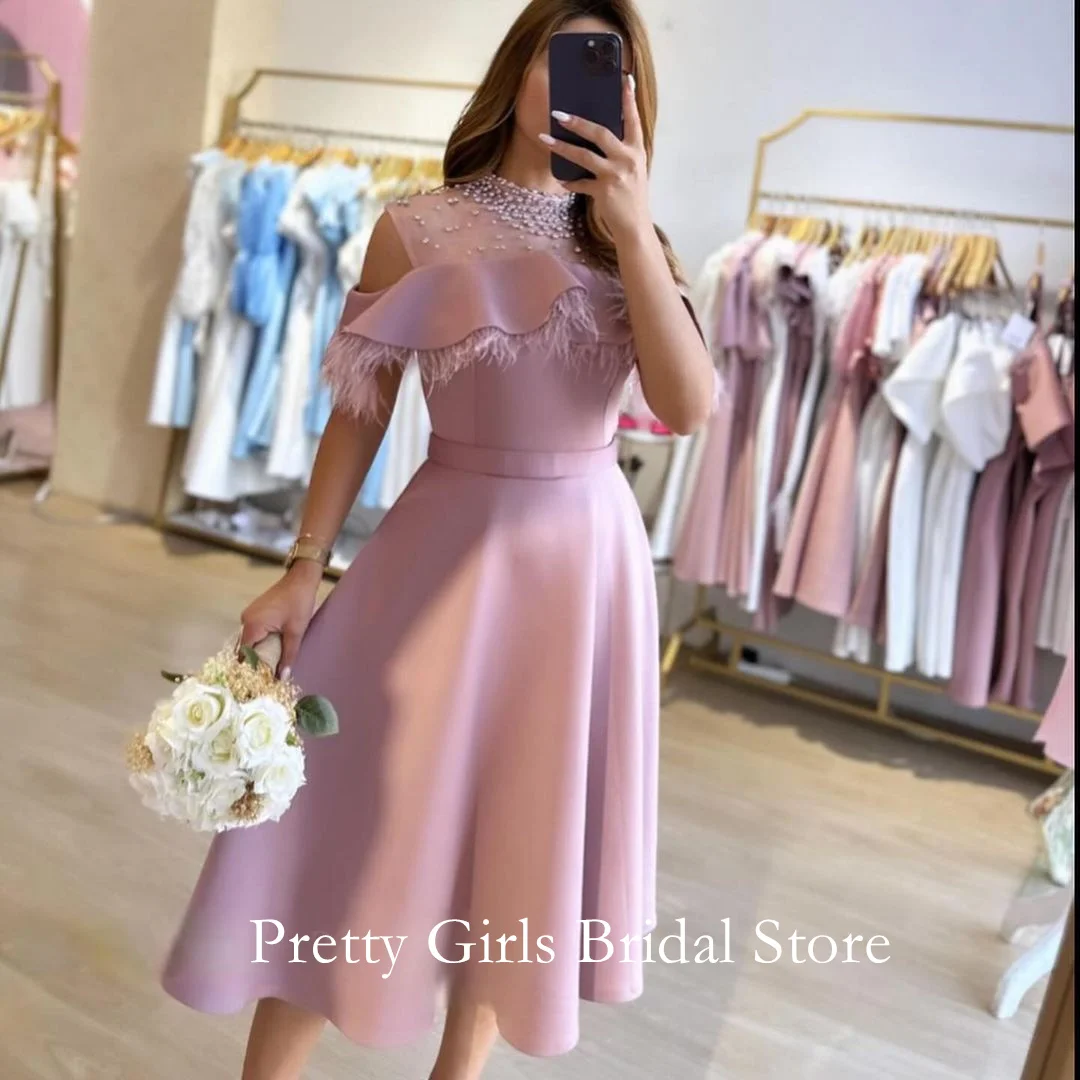 2024 Fashion Style Arabic Morden Customized Pink Feathers Evening Dresses Formal Beading  Prom Growns Party Women Bride