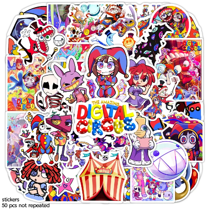 60pcs Cartoon Magic Digital Circus Stickers For Suitcase Laptop Luggage Phone Guitar Notebook Water Cup Sticker Toy Diy Decal