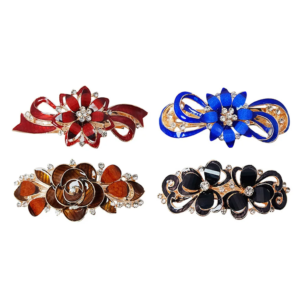 

4pcs Water Rhinestone Hair Clips Flower Decor Spring Bow Hairpin For Women (Large Size, Random Pattern) Lightweight Alloy Party