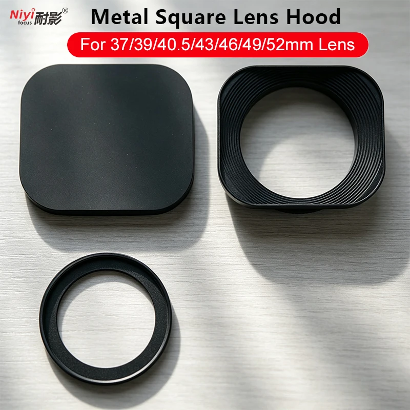 52mm Metal Square Camera Lens Hood Sun Shade Reduce Glare with 39mm 43mm 46mm 40.5mm Adapter Ring for Fujifilm Sony Canon Nikon