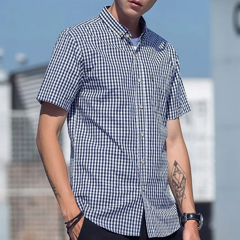 Summer Shin 100%Cotton Plaid Short Sleeve Shirts for Men Casual Single Pocket tops Fashion Korean Popular Clothes