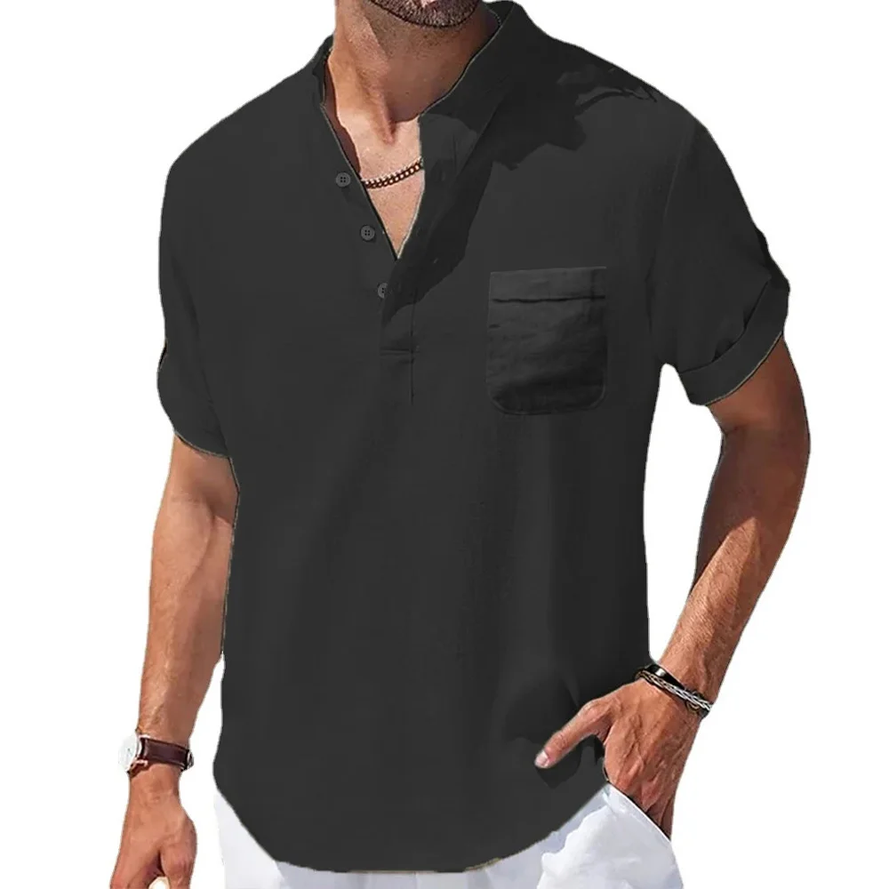 Männer Baumwolle Leinen T-shirt Henry Kragen Kurzarm Casual Tops Sommer Heißer Verkauf Leichte Mode Klassische Taste Top – Detail 7