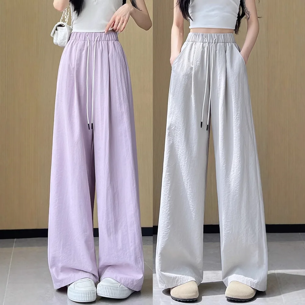 Damskie spodnie z szerokimi nogawkami z szybkoschnącego materiału Ice Silk, nowość na lato 2025, luźne spodnie o prostym kroju, dzianinowe spodnie długie, małe rozmiary.