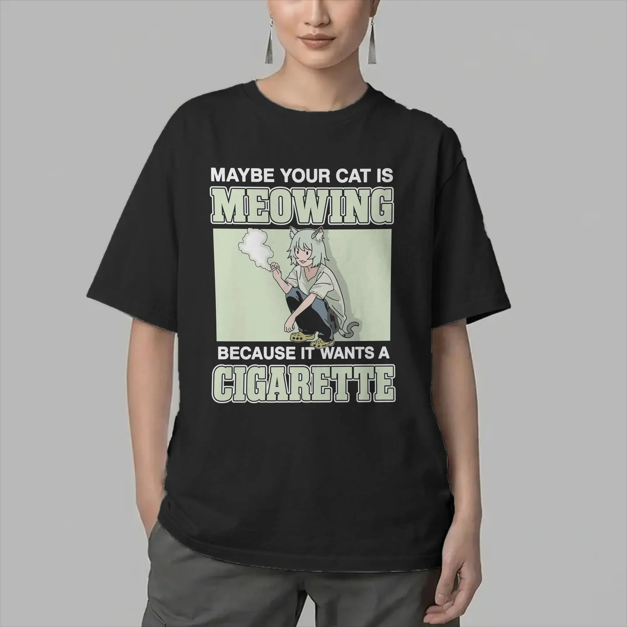 Chainsmoker Cat Yani Neko Anime T Shirts Men Cotton Hipster T-Shirts Round Neck  Tee Shirt Short Sleeve Tops New Arrival