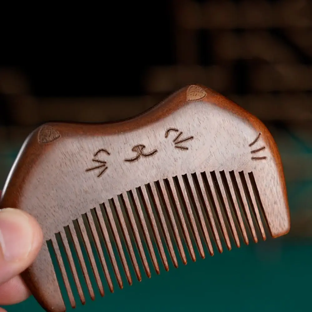 Narrow Tooth Cat Wooden Scalp Combs Anti-Static Carve Designs Head Acupuncture Point Massage Comb Natural with Tassel