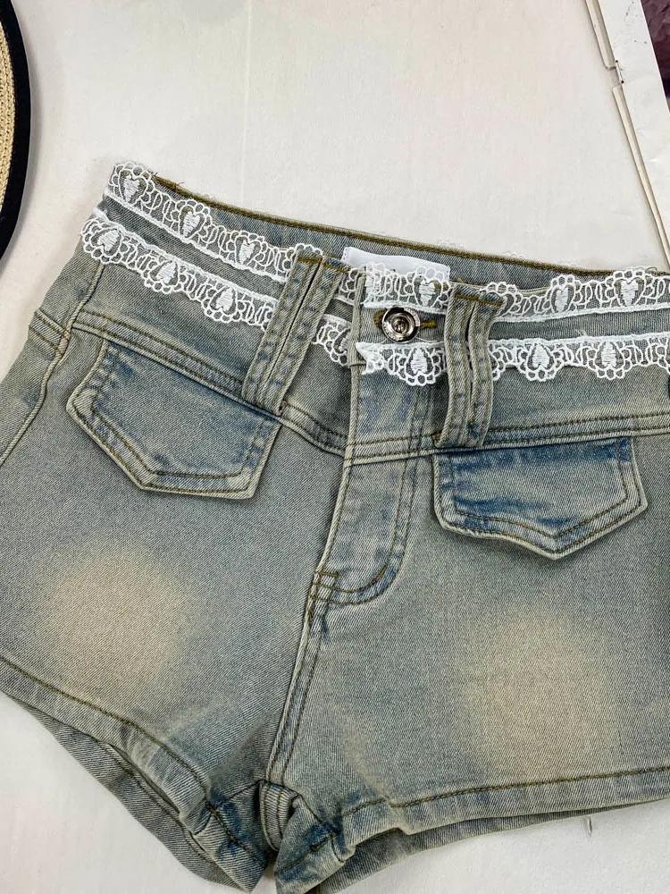 

Sexy Lace Splice Wide Leg Jeans Women's Summer Small Size Casual High Waist Slimming orts High Waist Denim Lace Patchwork