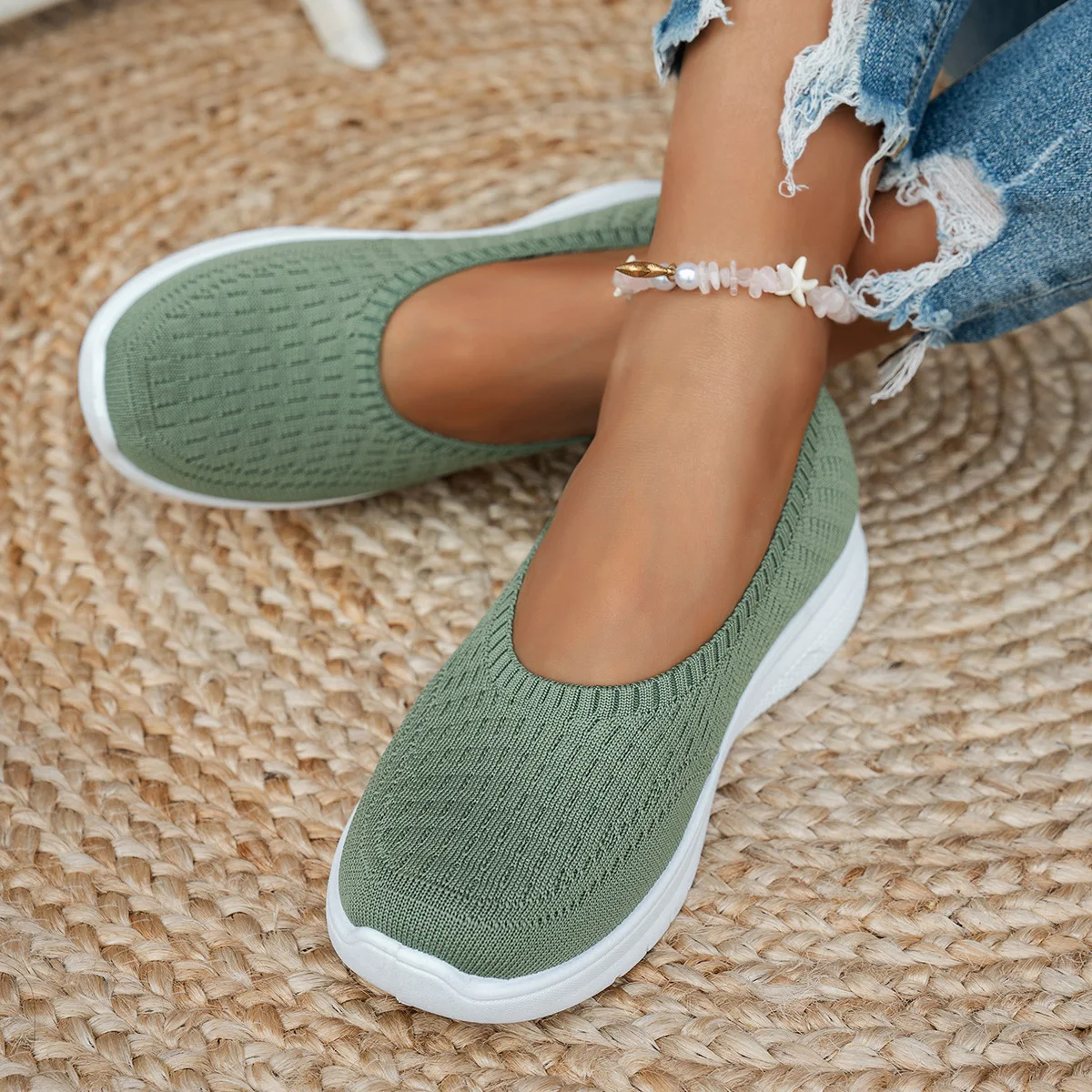 Hohlstrick-Slip-On-Keilsneaker für Damen, atmungsaktiv, rutschfest, weiche Kissensohle, für den täglichen Gebrauch, lässige Mutter-Schuhe – Detail 14