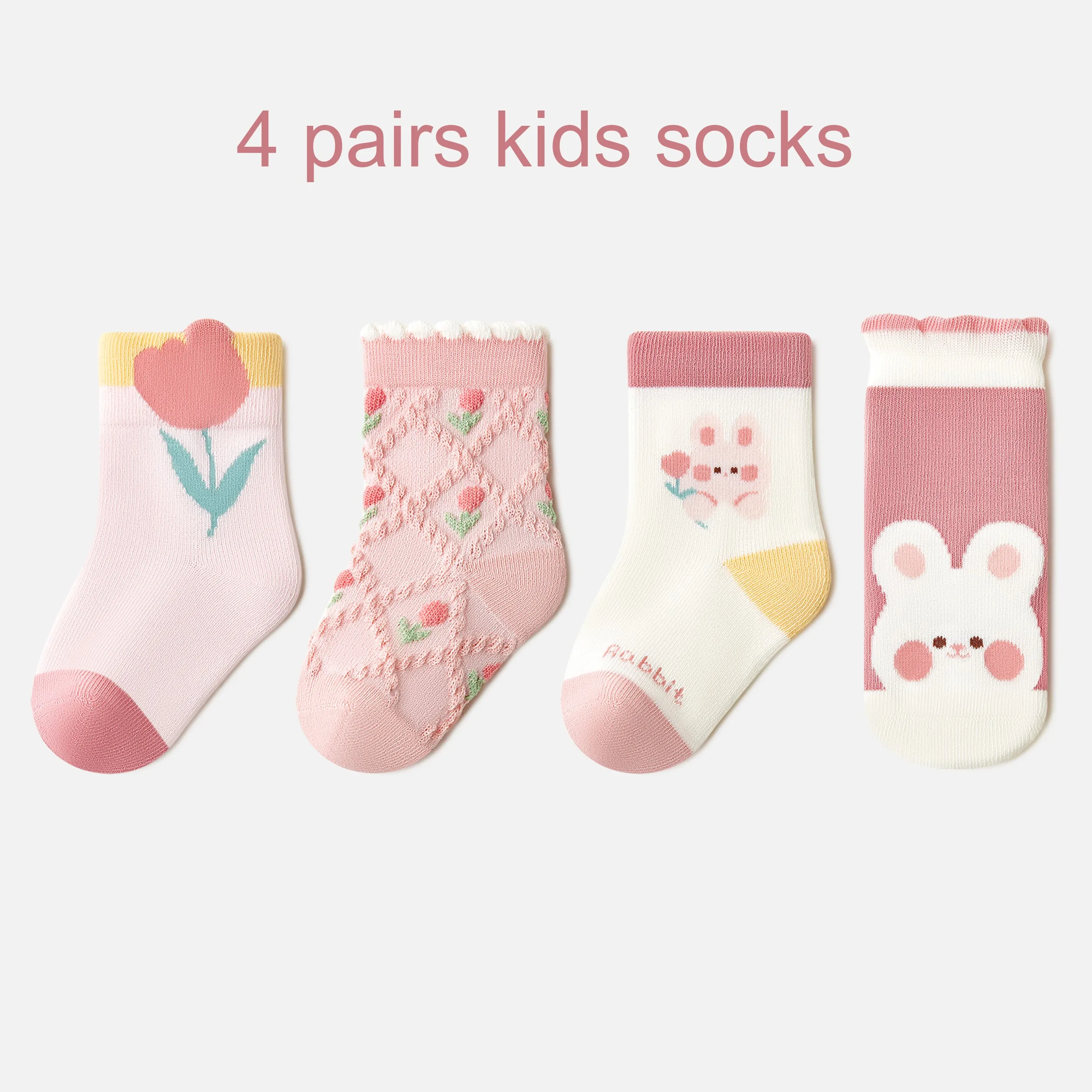 Beibi 4-Pack Girls Mid-Calf Socks Pink Cute Cartoon Rabbit Pattern Autumn Winter Warm Kids Socks for 0-6 Years Old Children