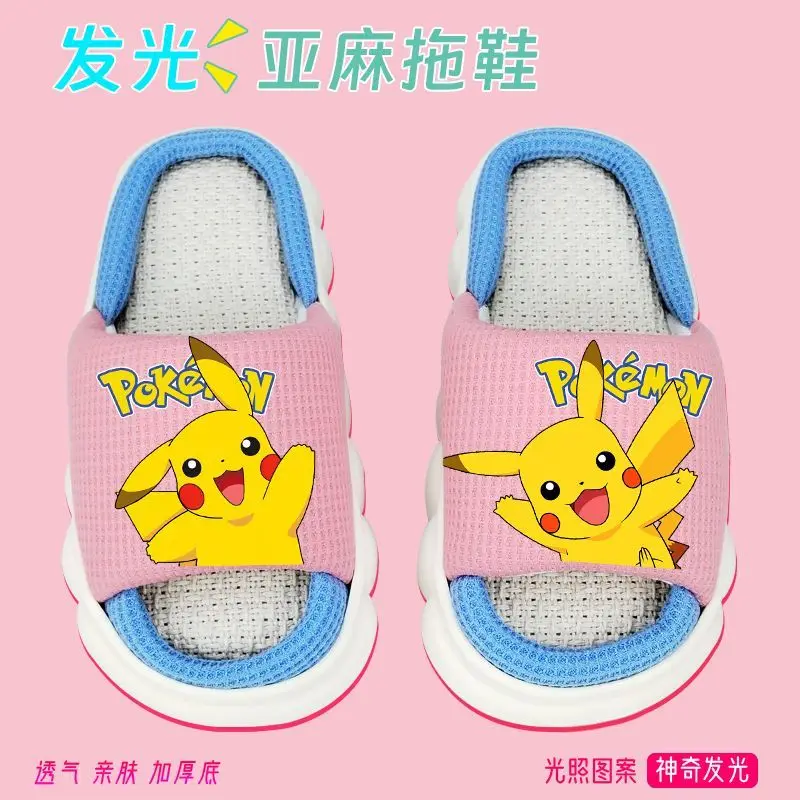 Pikachu Children's Girls' Cute Girl Four Seasons Linen Cloth Slippers For Home Thick Sole Breathable And Non Slip kids shoes