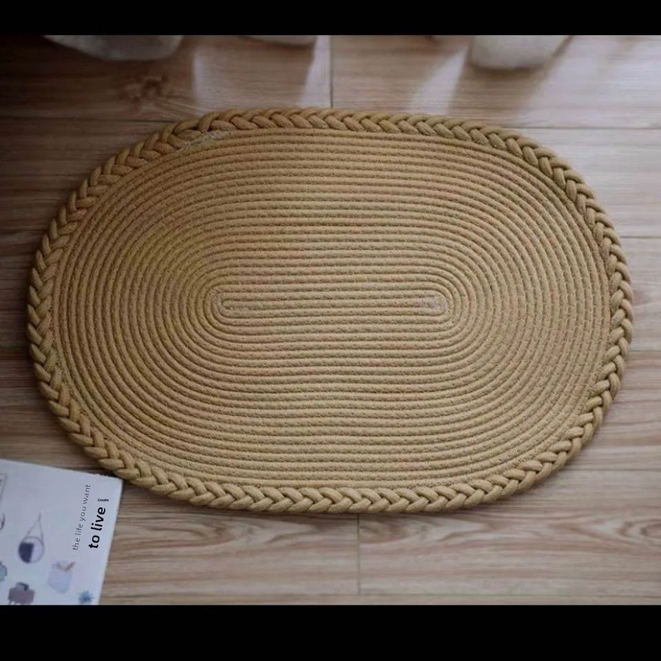 

Handwoven Cotton Thread Mat Absorbent Bedroom Bathroom Carpet Japanese Style Floor Mat Bedside Weaving Home Decor Park Use