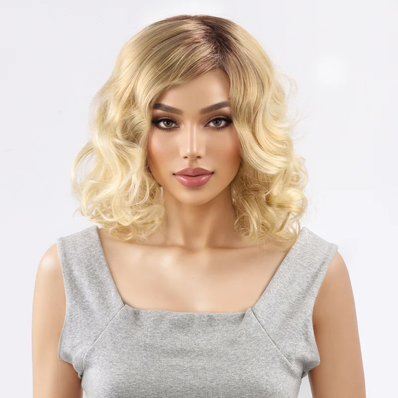New European and American Wig with Gold Gradient Women's Short Curly Hair in a Fashionable Style-Synthetic Fiber Wig