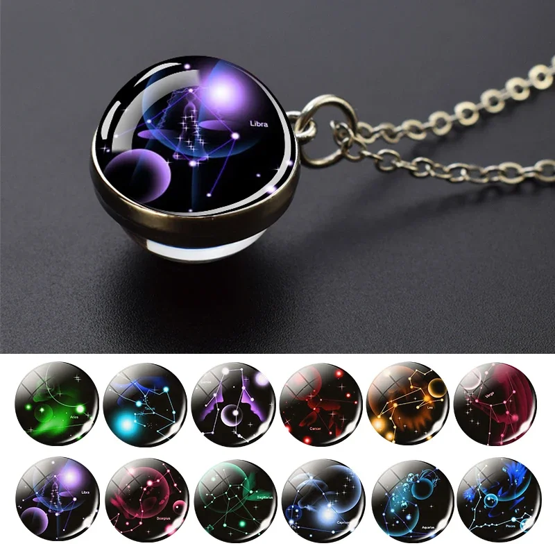 

12 Zodiac Signs Color Glass Ball Necklace for Men Women Leo Libra Scorpio Aries Taurus Constellation Necklace Gift