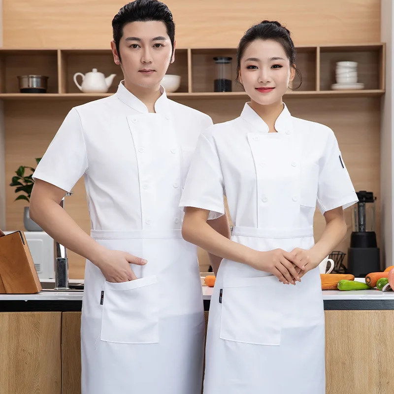 Chef Overalls Short Sleeve Thin Breathable Summer Hotel Dining School Canteen Pure White Double Breasted Kitchen Clothes Short S