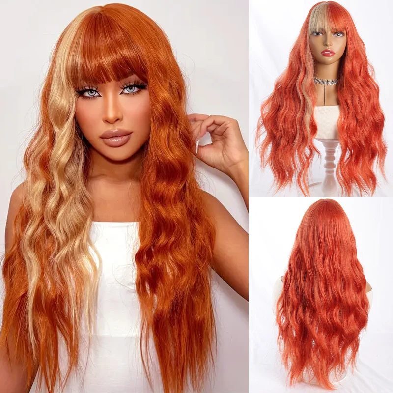 Wig panjang berwarna merah oranye untuk wanita, wig sintetis mudah dipakai, cocok untuk cosplay Halloween dan Natal