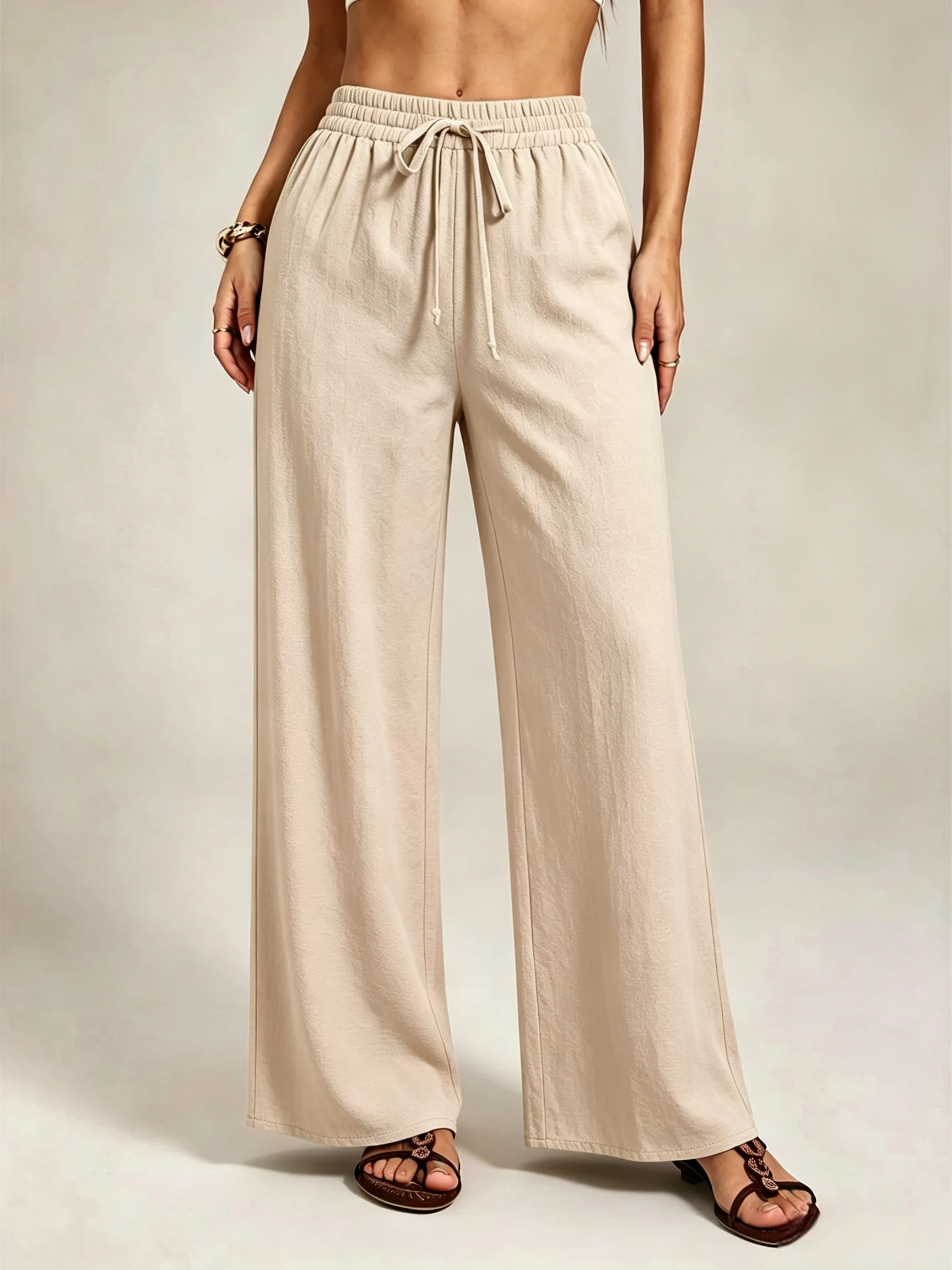 Women Elastic Waist Drawstring Wide Leg Pants Casual Loose High Waist Trousers Solid Color Lightweight Vacation Beach Pants