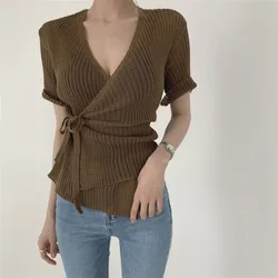 Deeptown Short Sleeve Criss Cross Women's Knit Cardigan V Neck Basis Knitwear Summer Korean Fashion Elegant Sweater Old Money