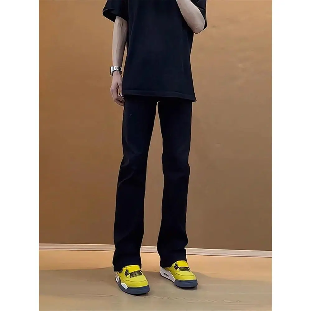 

Black Straight Leg Micro Flared Jeans Men's American CleanFit Knife Denim mid Waist Cotton Polyester Blend Winter Wear